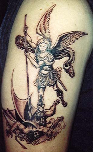 Archangel Fighting With Demon Tattoo On Half Sleeve