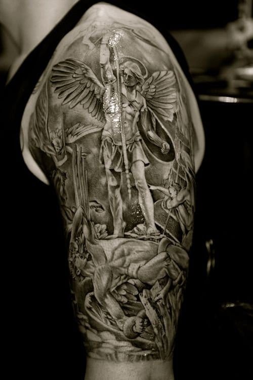Archangel Michael Tattoo On Half Sleeve