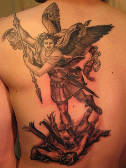 Archangel Tattoo On Back Shoulder