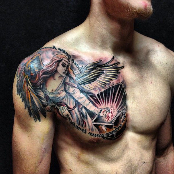 Archangel Tattoo On Man Front Shoulder