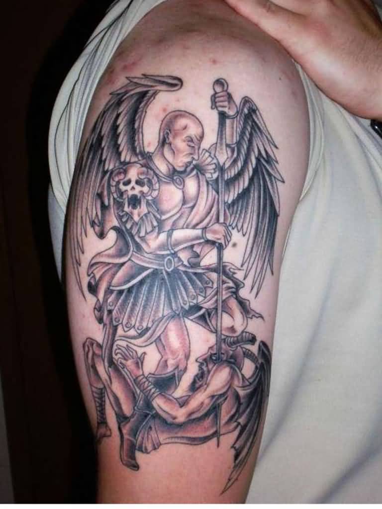 Archangel Tattoo On Man Right Half Sleeve
