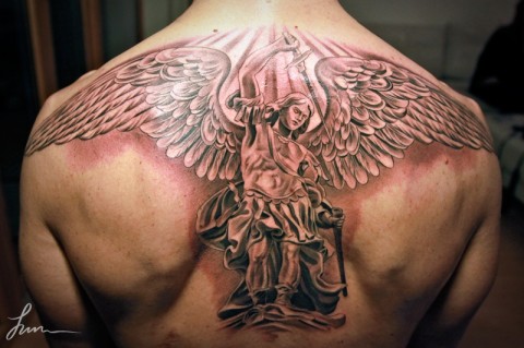 Archangel Tattoo On Upper Back For Men