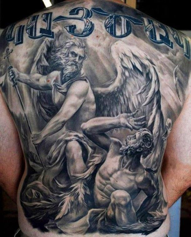 Archangels Fighting Tattoo On Full Back