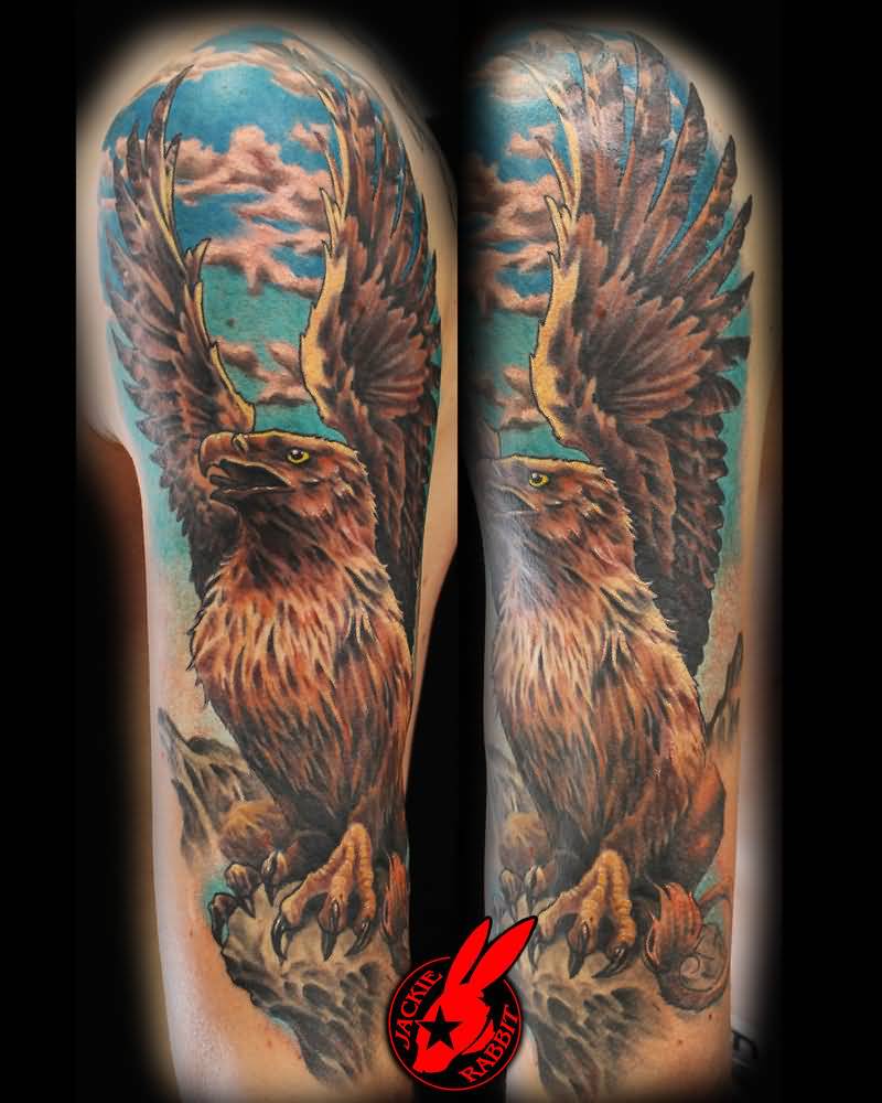 Awesome Colorful Griffin With Sky And Clouds Tattoo On Half Sleeve