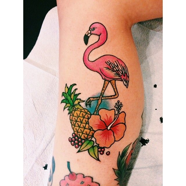 Awesome Flamingo With Pineapple And Flower Tattoo On Leg By Lauren Winzer