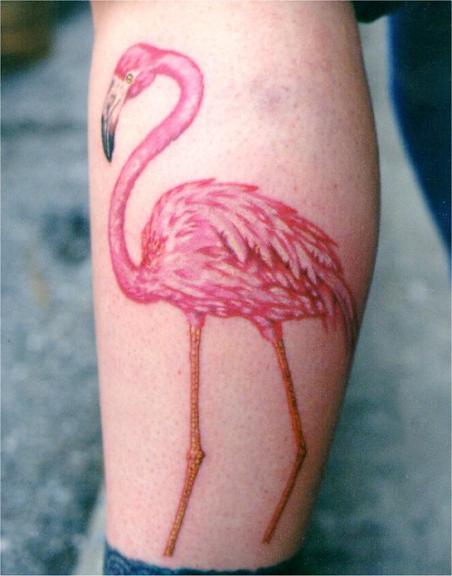 Awesome Pink Flamingo Tattoo On Leg