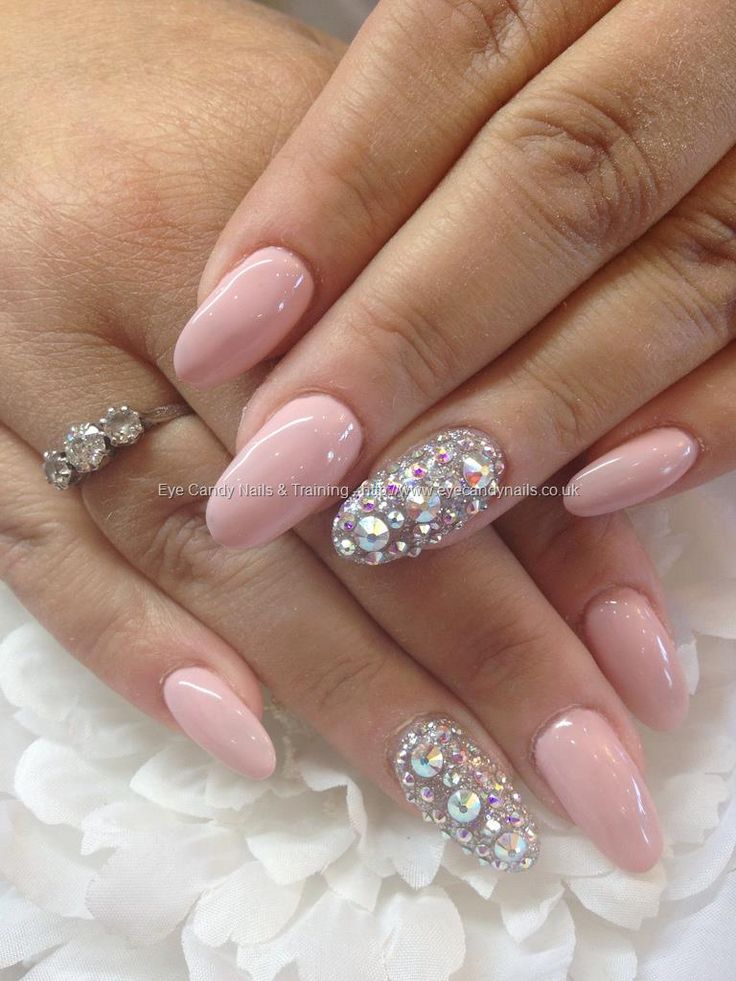 Baby Pink Acrylic Almond Shaped Nail Art With Accent Silver Rhinestones Design