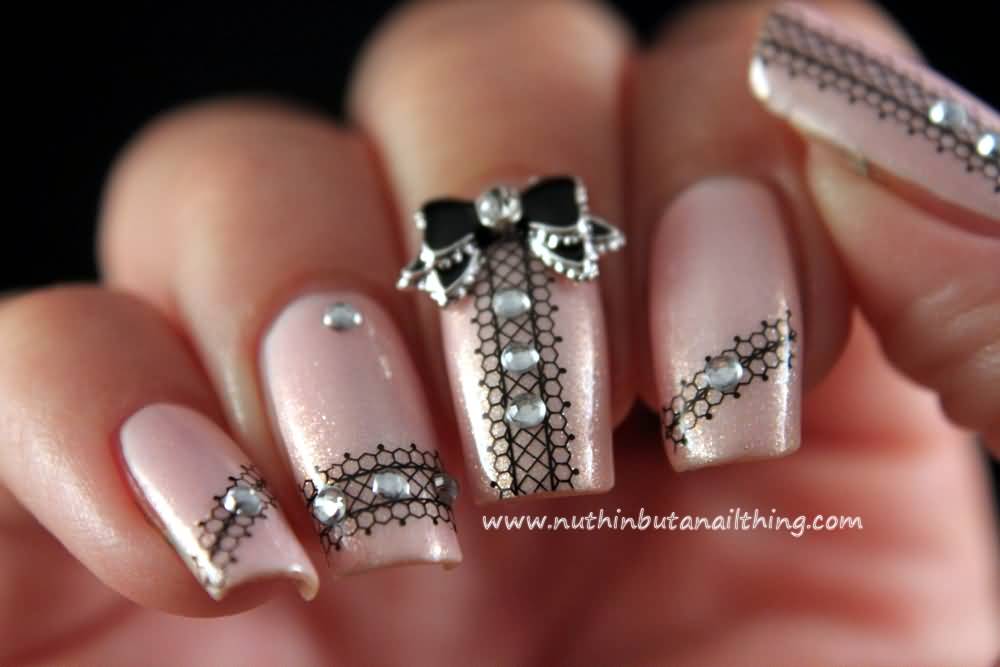 Baby Pink Nails With Black Lace Nail Art And 3d Bow Design