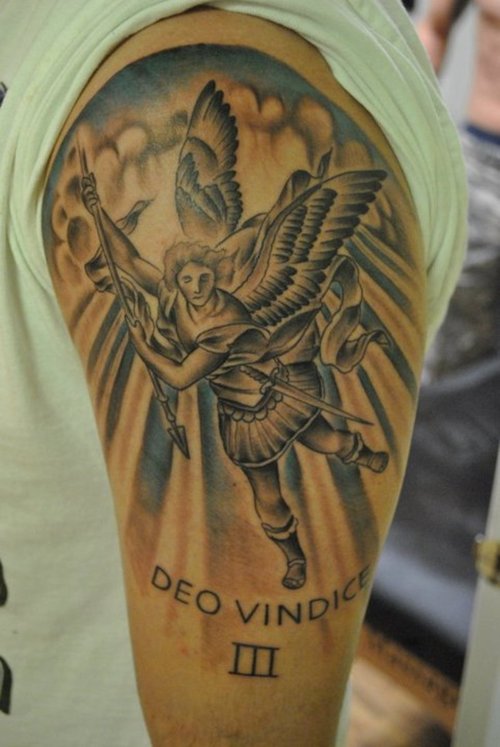 Beautiful Archangel Tattoo On Left Half Sleeve