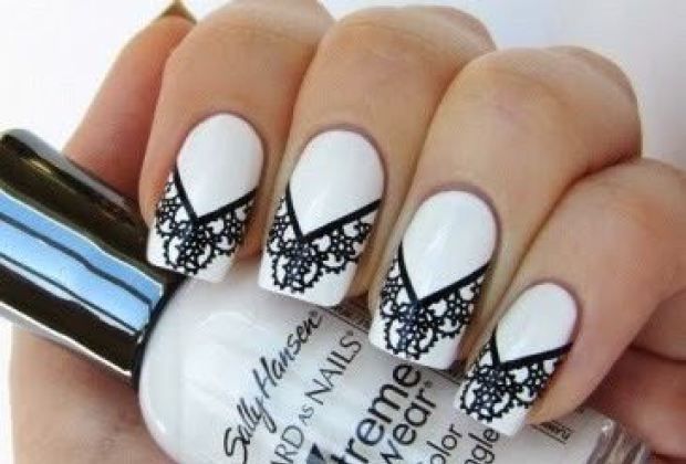 Beautiful Black Lace Nail Art Design On White Nails