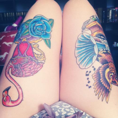 Beautiful Colorful Flamingo With Flowers And Owl Tattoo On Thigh