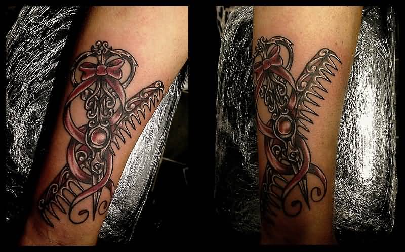 Beautiful Comb And Scissor Grey Ink Tattoo On Forearm