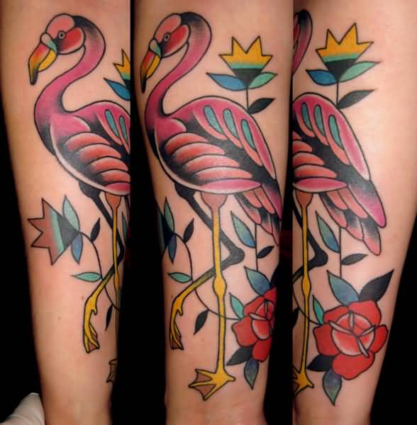 Beautiful Flamingo And Flowers Tattoo On Forearm