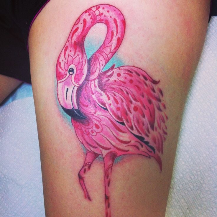 Beautiful Flamingo Traditional Tattoo On Thigh