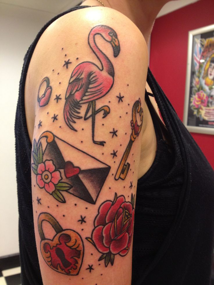 Beautiful Flamingo With Lock And Lock With Red Rose Tattoo On Half Sleeve