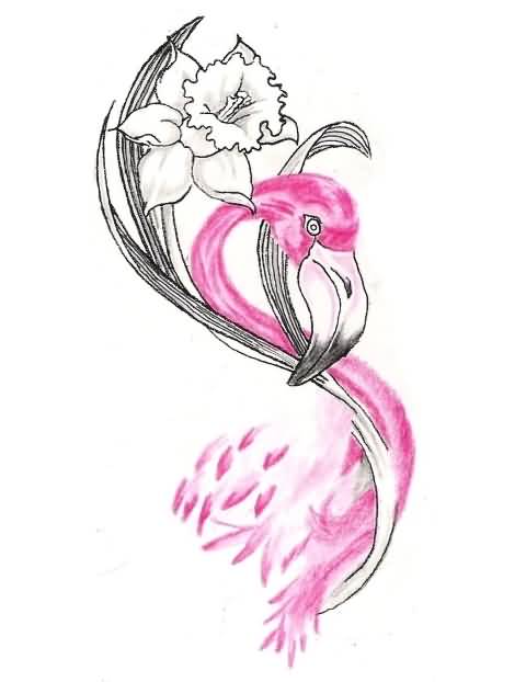 Beautiful Flamingo With White Flower Tattoo Design