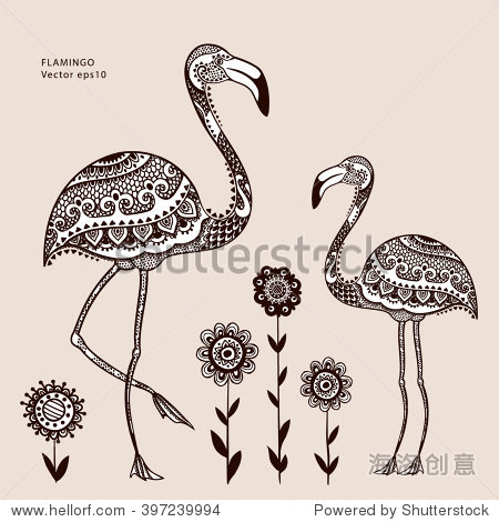 Beautiful Floral Flamingos Tattoo Design