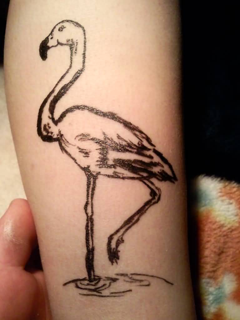 Beautiful Grey Ink Flamingo Tattoo On Arm