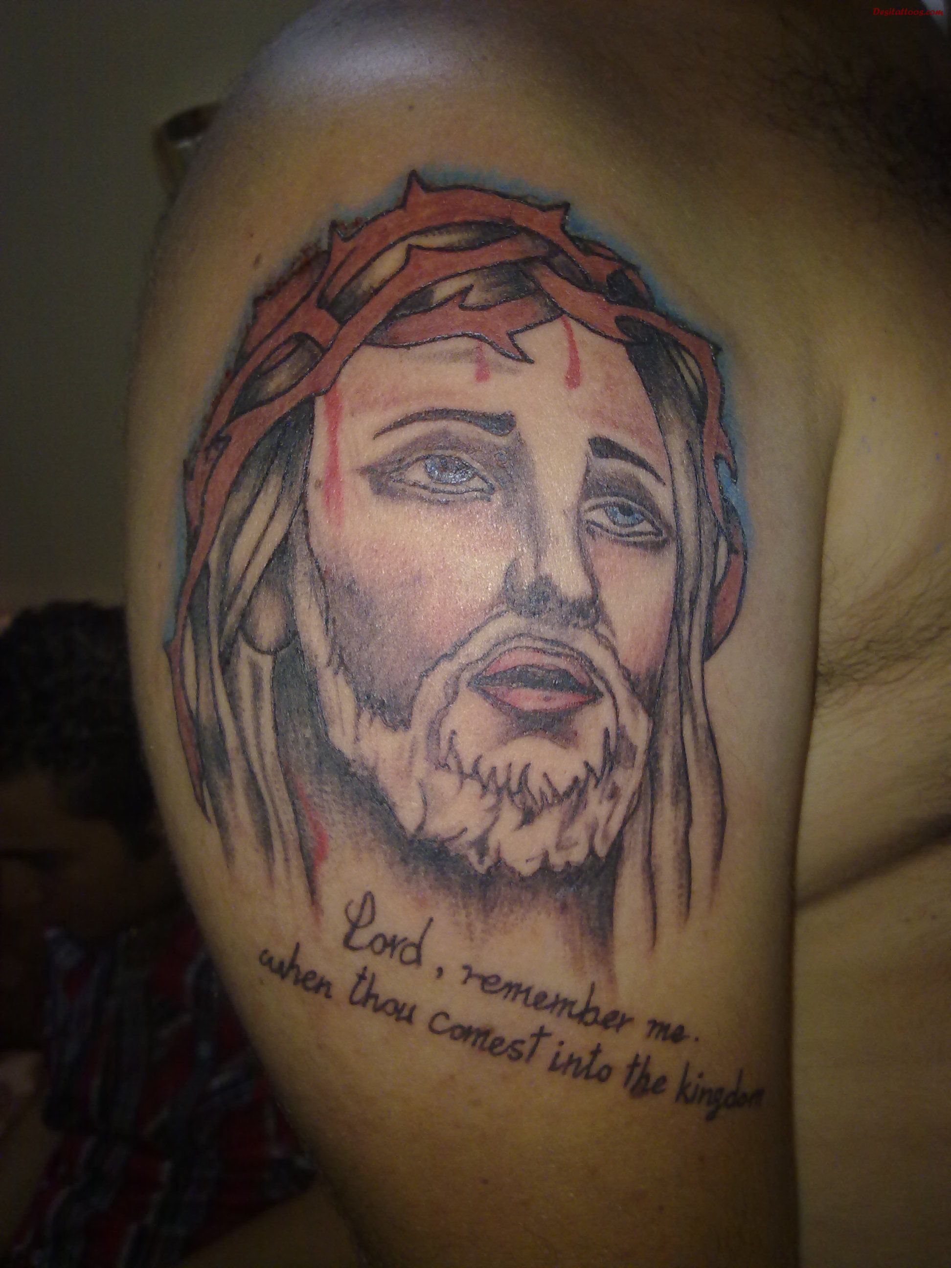 Beautiful Jesus Head Christianity Tattoo On Right Shoulder