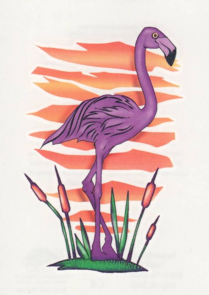 Beautiful Purple Flamingo With Grass And Red Lines Tattoo Design