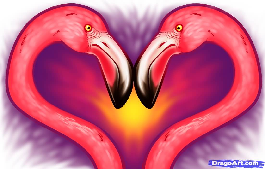 Beautiful Red Flamingos Heads In Heart Shape