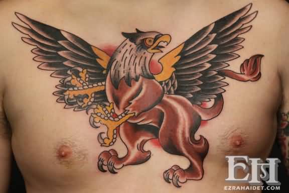 Beautiful Traditional Griffin Tattoo On Chest For Men