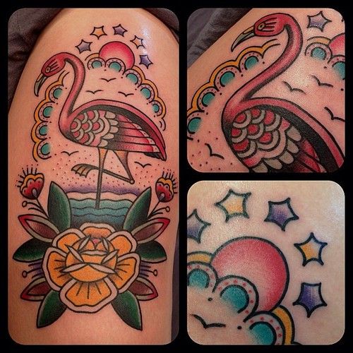 Beautiful Traditional Flamingo With Yellow Flower Tattoo