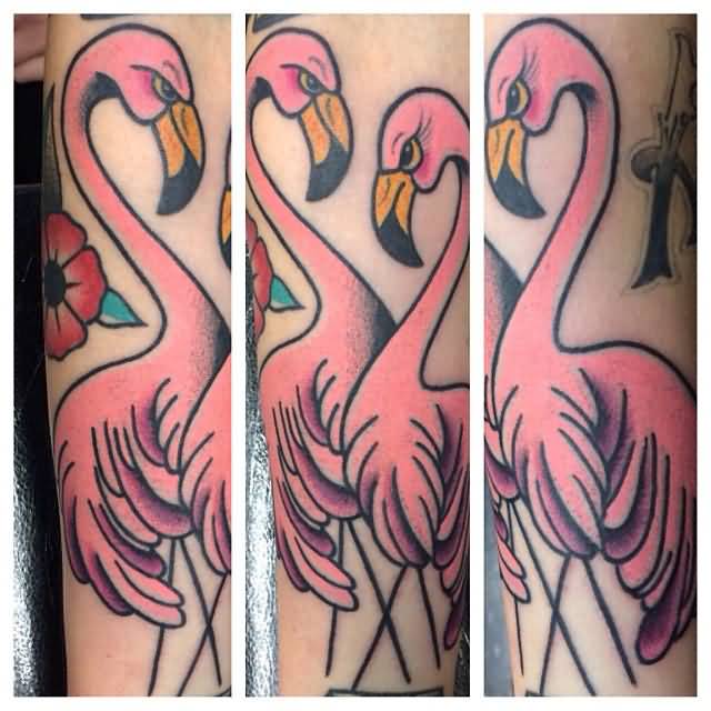 Beautiful Two Angry Flamingos Tattoo On Forearm