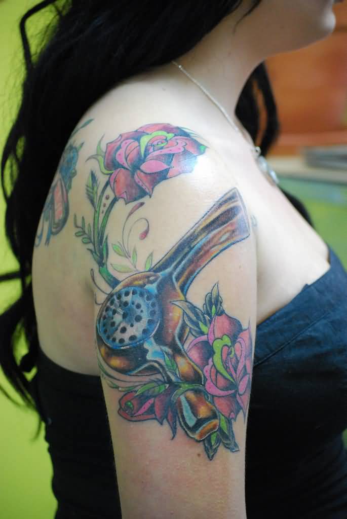 Beautiful Vintage Blow Dryer With Red Flowers Tattoo On Half Sleeve And Back Right Shoulder