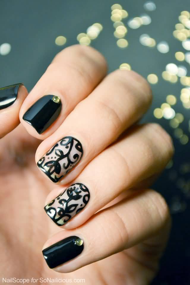 Black Acrylic Lace Nail Design