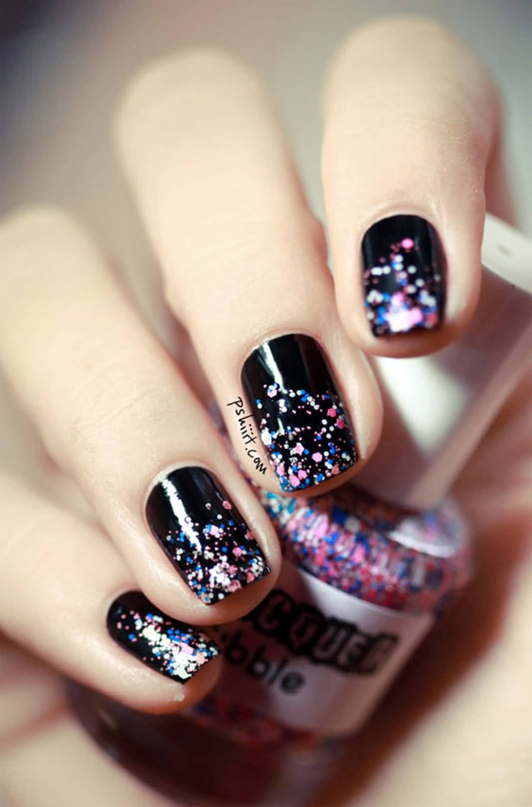 Black Acrylic Nail Art With Colorful Dots Design