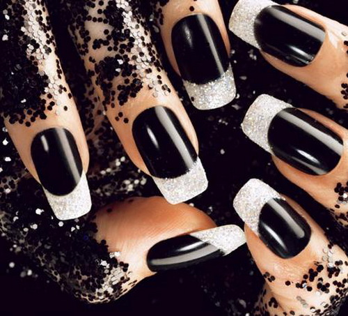 Black Acrylic Nail Art With Silver French Tip Design