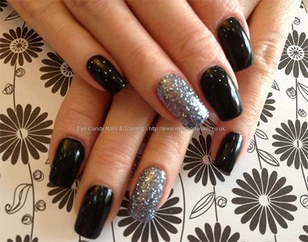 Black Acrylic Nail Art With Silver Glitter Accent Nail