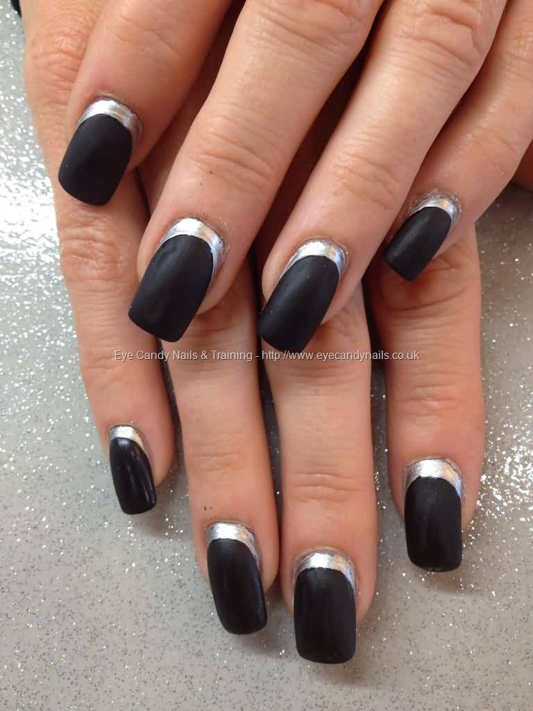 Black Acrylic Nail Art With Silver Reverse French Tip Design