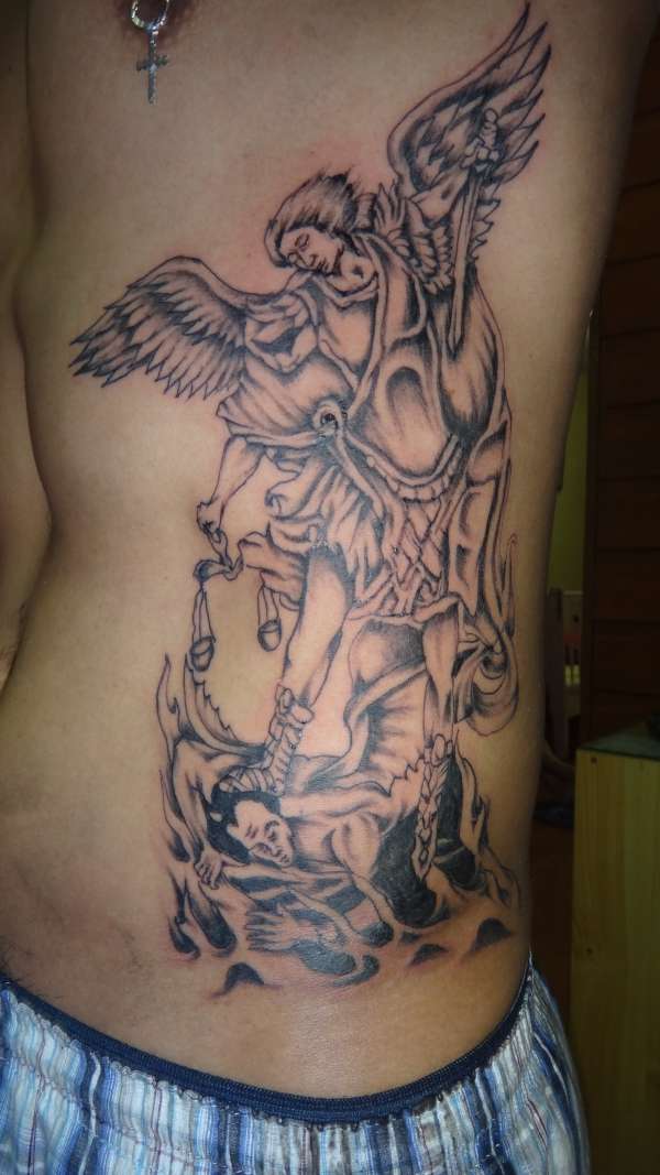 Black And Grey Archangel Tattoo On Side Rib
