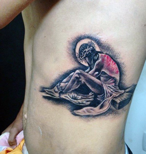 Black And Grey Christianity Jesus Tattoo On Side Rib