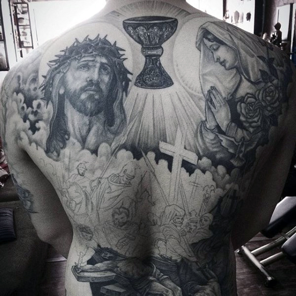 Black And Grey Christianity Tattoo On Full Back