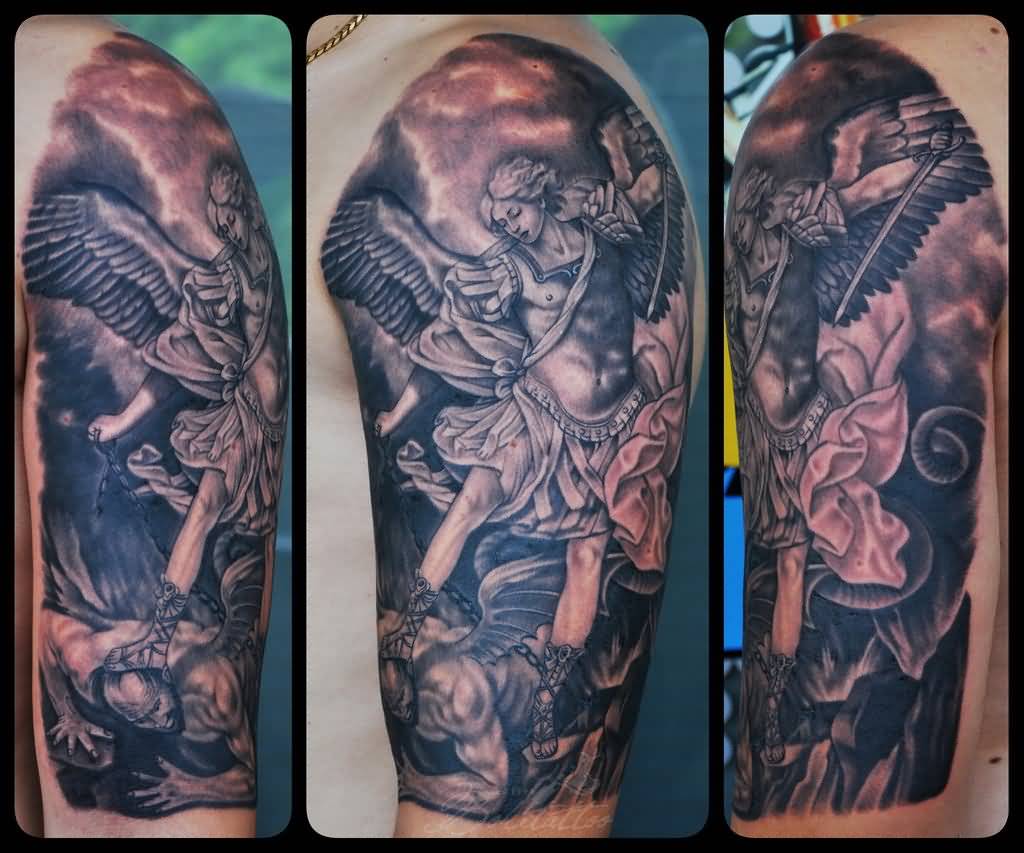 Black And Grey Ink Archangel Tattoo On Left Half Sleeve by Bokitattoo