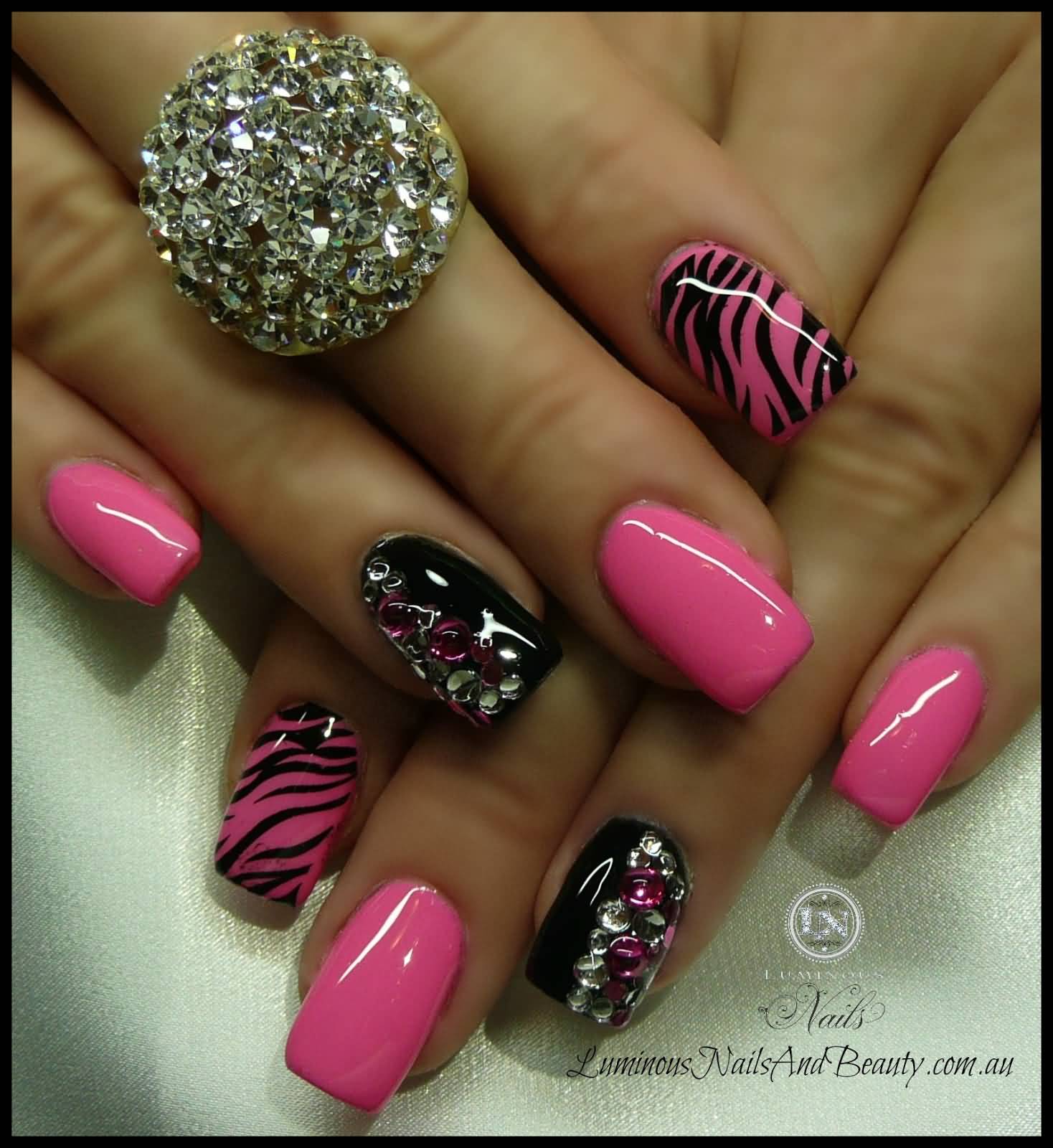 Black And Pink Zebra Print Acrylic Nail Art With Accent Rhinestones Design