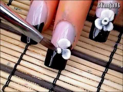 Black And White 3d Flowers Acrylic Nail Art