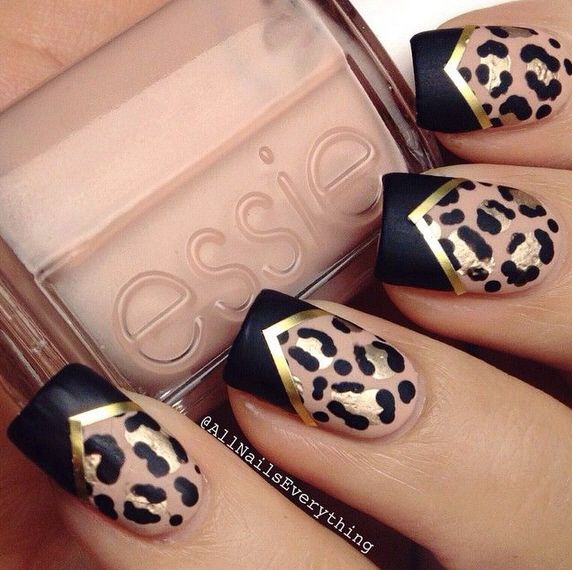 Black Chevron Design With Leopard Print Nail Art