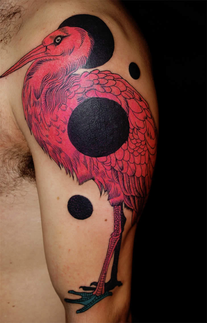 Black Dots With Red Flamingo Tattoo On Half Sleeve And Shoulder