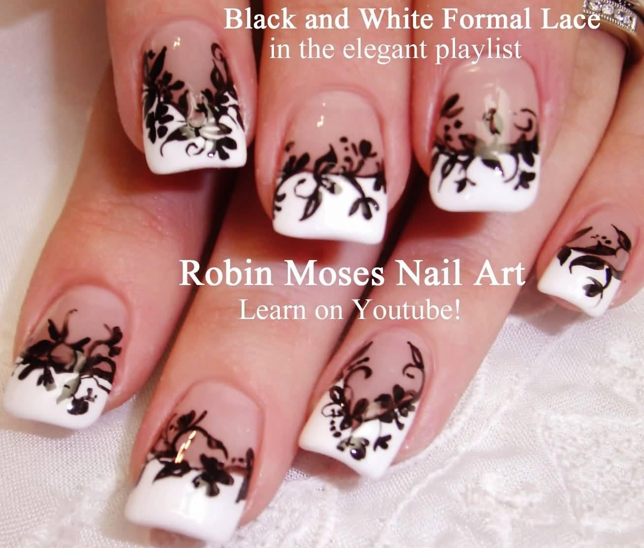 Black Formal Lace Nail Art With White French Tip Design