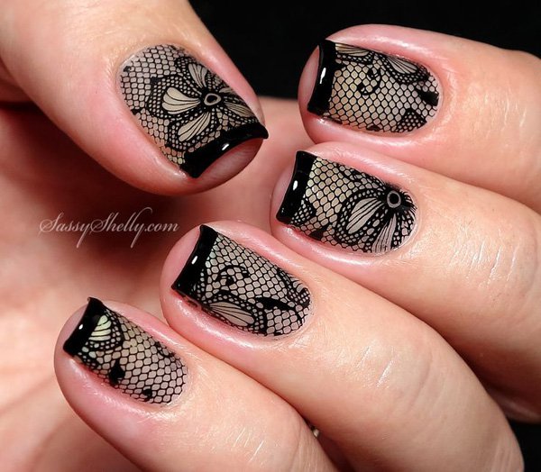 Black French Tip Lace Design Nail Art Idea