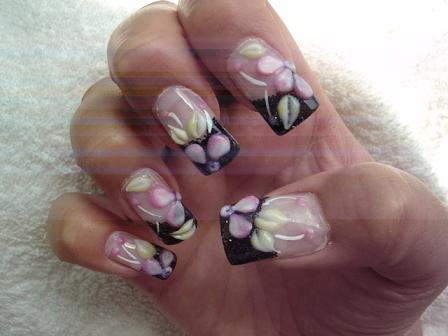 Black French Tip Nails With 3d Acrylic Flowers Nail Design