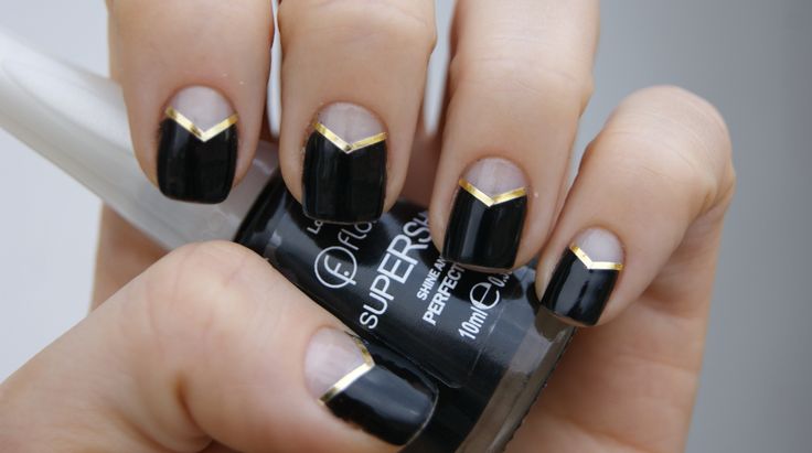 Black French Tip Nails With Golden Metallic Design