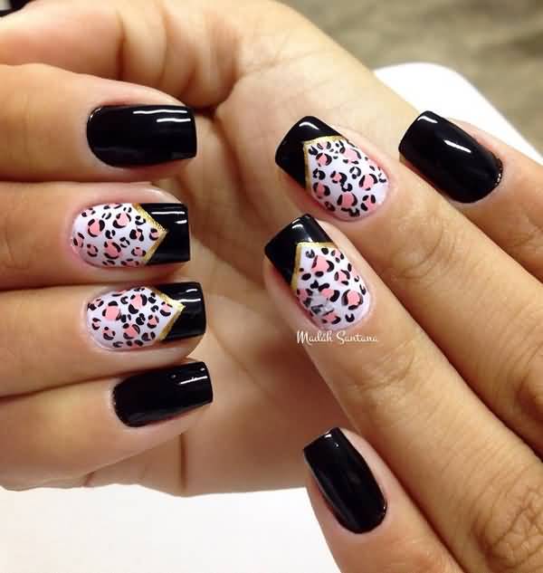 Black French Tip With Pink Leopard Print Nail Art