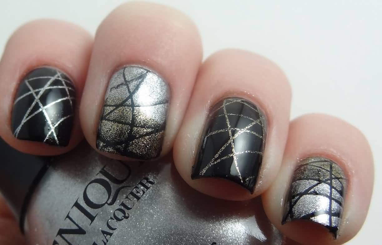 Black Glossy Nails With Metallic Stripes Design Nail Art