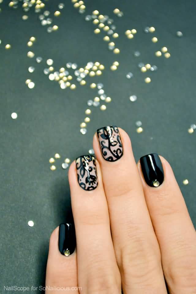 Black Lace Flower Nail Design