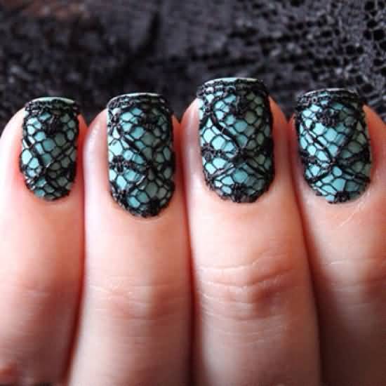 Black Lace Nail Art On Blue Nails